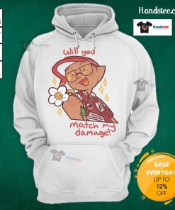 Alt Text: Cute gamer character in a floral hoodie asking, Will you match my damage? Perfect for gaming and fashion lovers.