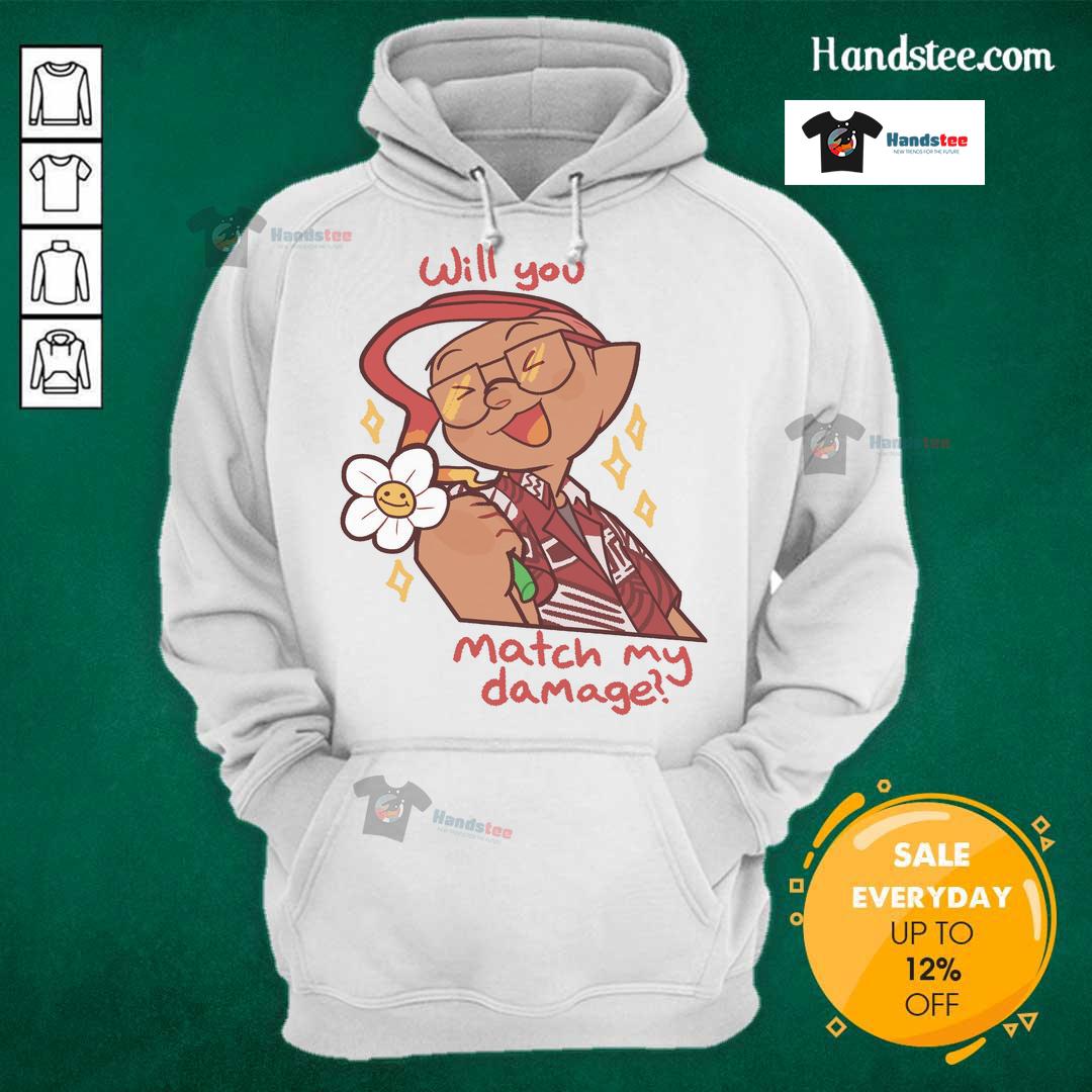Cute Will You Match My Damage Gamer Character Flower Hoodie Alt Text: Cute gamer character in a floral hoodie asking, Will you match my damage? Perfect for gaming and fashion lovers.