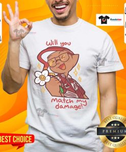 Cute 'Will You Match My Damage' gamer character flower t-shirt design featuring vibrant colors and playful graphics.