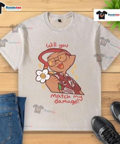 Cute Will You Match My Damage gamer character on a flower washed t-shirt, perfect for gaming enthusiasts.