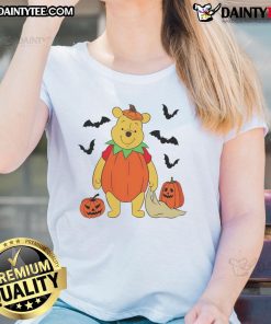 Cute Winnie the Pooh Halloween ladies tee featuring a big pumpkin design, perfect for festive fall celebrations.