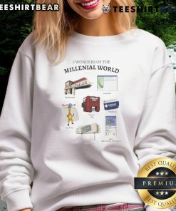 Funny 7 Wonders of the Millennial World sweatshirt featuring humorous designs and vibrant colors for trendy fashion.