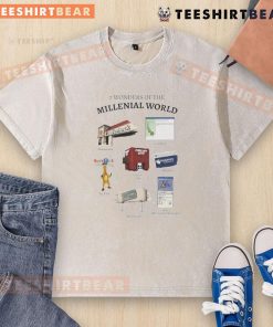 Funny 7 Wonders of the Millennial World washed t-shirt featuring humorous graphics and vibrant colors.