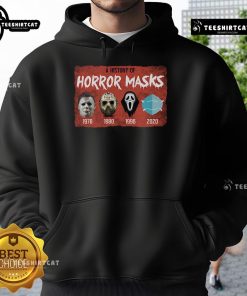 Funny A History of Horror Mask hoodie featuring iconic horror movie masks, perfect for fans of classic and modern horror films.