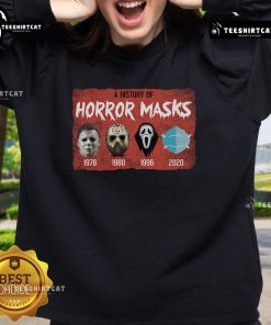 Funny A History of Horror Mask sweatshirt featuring iconic horror movie designs, perfect for Halloween enthusiasts.