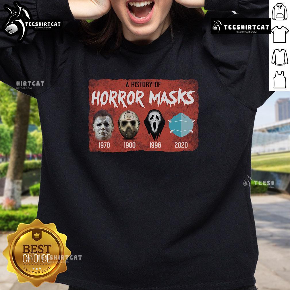 Funny A History Of Horror Mask Horror Movie Sweatshirt Funny A History of Horror Mask sweatshirt featuring iconic horror movie designs, perfect for Halloween enthusiasts.