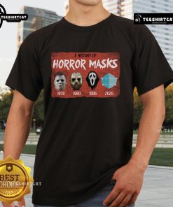 Funny A History Of Horror Mask Horror Movie T-Shirt featuring iconic horror masks for movie enthusiasts.