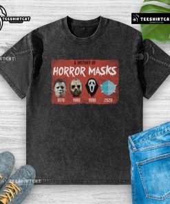 Funny history of horror mask graphic on a washed t-shirt, perfect for horror movie fans and casual wear.