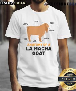 Alt Text: Humorously illustrated anatomy of a La Macha goat on a trendy t-shirt, perfect for animal lovers and goat enthusiasts.