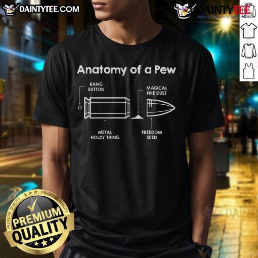 Funny Anatomy of a Pew Bullet Anatomy T-Shirt design featuring humorous graphics and anatomical details of a bullet.