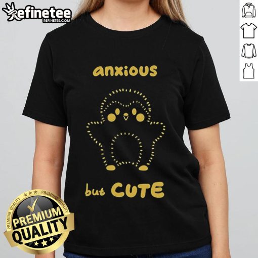 Funny anxious but cute finch ladies tee featuring a whimsical design of a finch with a playful expression.