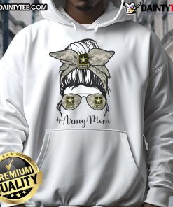 Funny Army Mom with messy bun hairstyle, wearing glasses and a hoodie, showcasing a playful and relatable vibe.