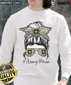 Funny Army Mom in messy bun, glasses, and cozy sweatshirt, showcasing playful military mom style and humor.