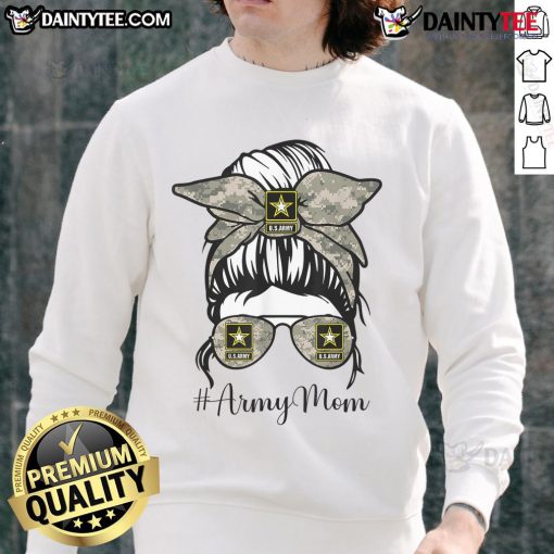Funny Army Mom in messy bun, glasses, and cozy sweatshirt, showcasing playful military mom style and humor.