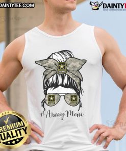Funny Army Mom with messy bun, glasses, and tank top, showcasing a playful and casual military-inspired style.