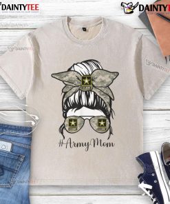 Alt Text: Funny Army Mom with messy bun, glasses, and a washed T-shirt, showcasing a playful and casual style.