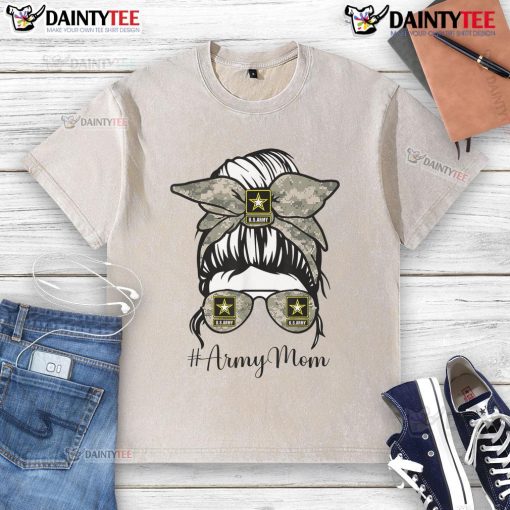 Alt Text: Funny Army Mom with messy bun, glasses, and a washed T-shirt, showcasing a playful and casual style.