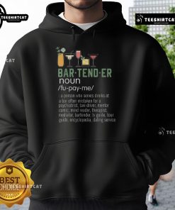 Funny bartender definition graphic on a hoodie featuring cocktail glasses, perfect for mixology enthusiasts.