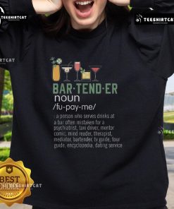 Alt Text: Humorous mixology dictionary graphic on a sweatshirt featuring cocktail glasses and a funny bartender definition.