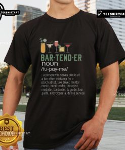 Alt Text: Humorous mixology dictionary graphic on a T-shirt featuring cocktail glasses and a funny bartender definition.