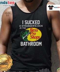 Funny Bass Pro Shops tank top featuring humorous text about a bathroom encounter, perfect for casual outings.