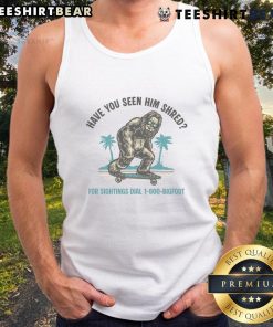 Funny Bigfoot skateboarding in a tank top, showcasing his shredding skills in a vibrant outdoor setting.