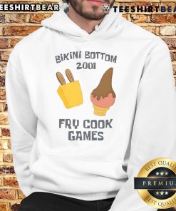 Funny Bikini Bottom 2001 Fry Cook Games hoodie featuring SpongeBob and Patrick in playful cartoon design.