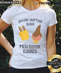 Funny Bikini Bottom 2001 Fry Cook Games featuring SpongeBob and Patrick on a ladies tee, perfect for fans of the series.