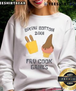 Funny Bikini Bottom 2001 Fry Cook Games sweatshirt featuring SpongeBob and Patrick in vibrant colors, perfect for fans.
