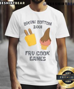 Funny Bikini Bottom 2001 Fry Cook Games T-Shirt featuring Spongebob and Patrick in vibrant colors and playful design.
