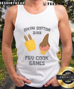 Funny Bikini Bottom 2001 Fry Cook Games tank top featuring SpongeBob and Patrick in vibrant colors and playful design.