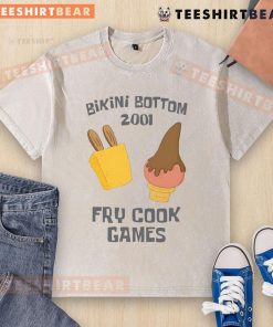 Funny Bikini Bottom 2001 Fry Cook Games featuring SpongeBob and Patrick on a washed T-shirt design.