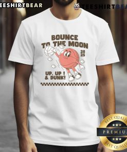 Funny bounce to the moon basketball dunking character on a vibrant 2025 T-shirt design, perfect for sports fans.