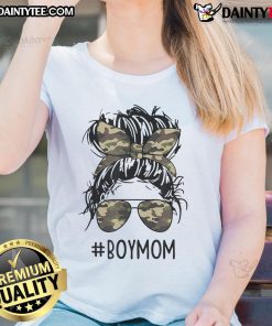 Funny boy mom wearing a messy bun, showcasing motherhood with a stylish tee for moms of boys.