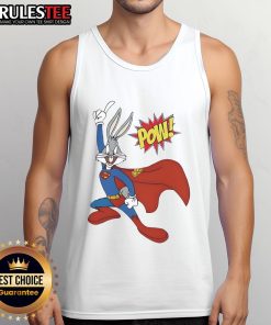 Alt Text: Funny Bugs Bunny Superman Pow Tank Top featuring a playful cartoon design and vibrant colors for a fun look.
