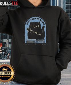 Funny cat hoodie design featuring a cat guarding books with the phrase Don't Touch My Books. Perfect for cat lovers!