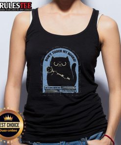 Funny cat tank top design featuring a playful feline with the text Don't Touch My Books in vibrant colors.