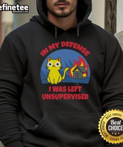 Funny cat in 'In My Defense I Was Left Unsupervised' hoodie, humorously sitting in front of a burning house.