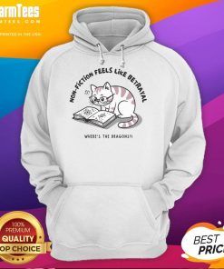Alt Text: Funny cat wearing a hoodie with Feels Like Betrayal, Where's The Dragons? text, perfect for cat lovers and humor fans.