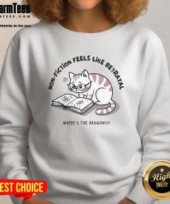 Alt Text: Funny cat sweatshirt design featuring Feels Like Betrayal, Where's The Dragons? for cat lovers and humor enthusiasts.