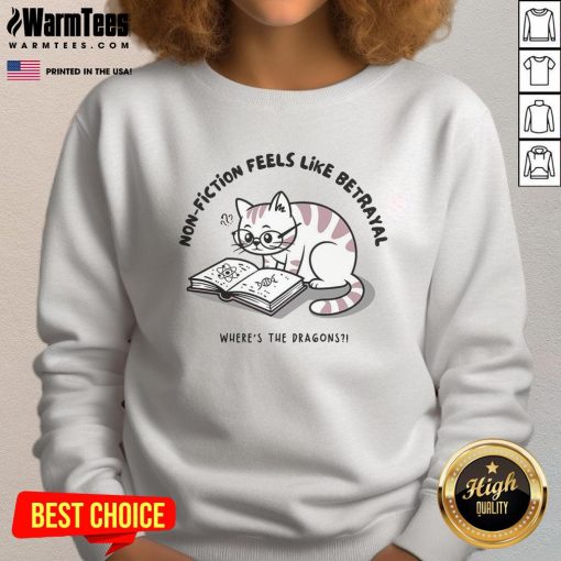 Alt Text: Funny cat sweatshirt design featuring Feels Like Betrayal, Where's The Dragons? for cat lovers and humor enthusiasts.