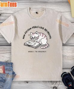 Funny cat graphic on a 'Feels Like Betrayal, Where's The Dragons' washed t-shirt for cat lovers and fantasy fans.