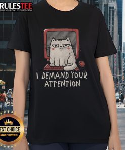 Funny cat on a keyboard demanding attention, featured on a humorous I Demand Your Attention ladies' tee.