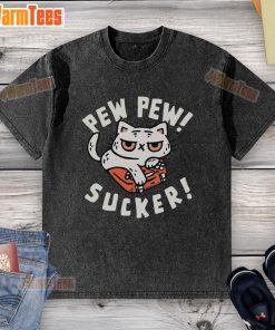 Funny cat with a 'pew pew sucker' graphic on a washed t-shirt, perfect for cat lovers and humor enthusiasts.
