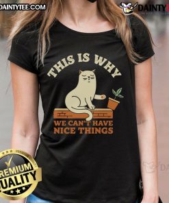Funny cat image featuring a playful feline with the text This is why we can't have nice things on a ladies' tee.