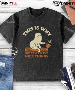 Alt Text: Funny cat on a washed T-shirt with text This Is Why We Can't Have Nice Things, perfect for cat lovers and humor fans.