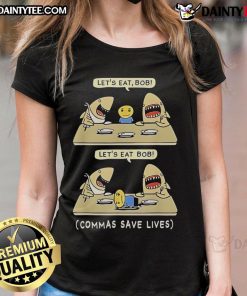 Funny Commas Punctuation Shark graphic tee: 'Let's Eat, English Ladies' - humorous shirt for grammar enthusiasts.