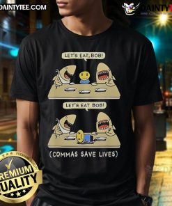 Funny Commas Punctuation Shark graphic on a t-shirt, featuring the phrase 'Let's Eat, English!' for language lovers.