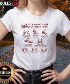 Funny crab gang sign recognition guide on a stylish ladies tee, perfect for beachwear and humor lovers.