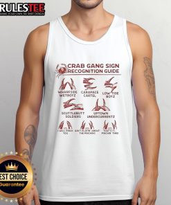 Funny crab gang sign recognition guide tank top featuring a playful crab graphic and vibrant colors for beachwear.